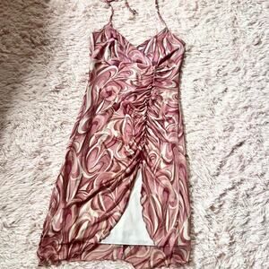 Vanity Vintage Y2K Whimsical Pixie Marbled Ruched Bodycon Halter Club Dress